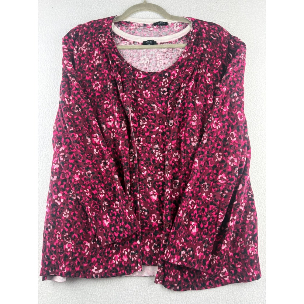 Talbots Plus Petite Pink Burgundy Leopard Floral Cardigan Shell Twin Set 2PC